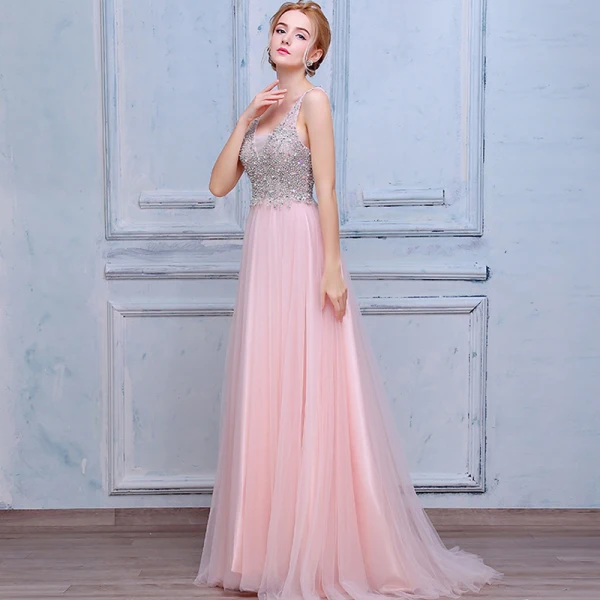 Élégant Rougissant Rose Robe De Bal 2018 Princesse Perlage Paillettes Cristal Perle V-Cou Dos Nu Sans Manches Longue Robe De Ceremonie
