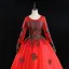Elegant Red Prom Dresses 2019 Ball Gown Scoop Neck Beading Tassel Rhinestone Lace Flower Long Sleeve Backless Floor-Length / Long Formal Dresses