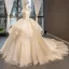 Haut de Gamme Champagne Robe De Mariée 2023 Robe Boule Volants Bustier En Dentelle Fleur Sans Manches Dos Nu Volants en Cascade Royal Train