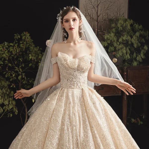 Charming Champagne Wedding Dresses 2019 A-Line / Princess Off-The-Shoulder Beading Sequins Lace Flower Sleeveless Backless Cathedral Train