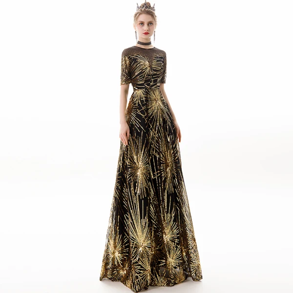 Chic / Beautiful Black Gold Evening Dresses 2019 A-Line / Princess Scoop Neck Sequins Rhinestone Short Sleeve Floor-Length / Long Formal Dresses