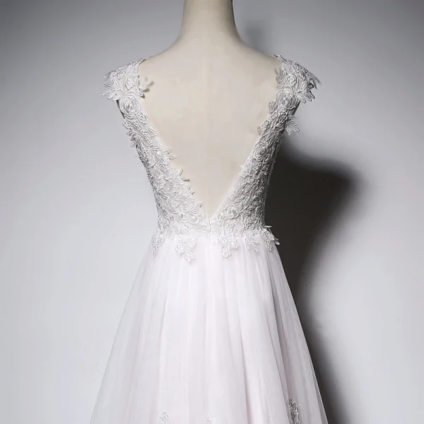 Élégant Blanche Perle Rose Robe De Soirée 2018 Princesse En Dentelle Appliques Encolure Dégagée Dos Nu Sans Manches Longue Robe De Ceremonie