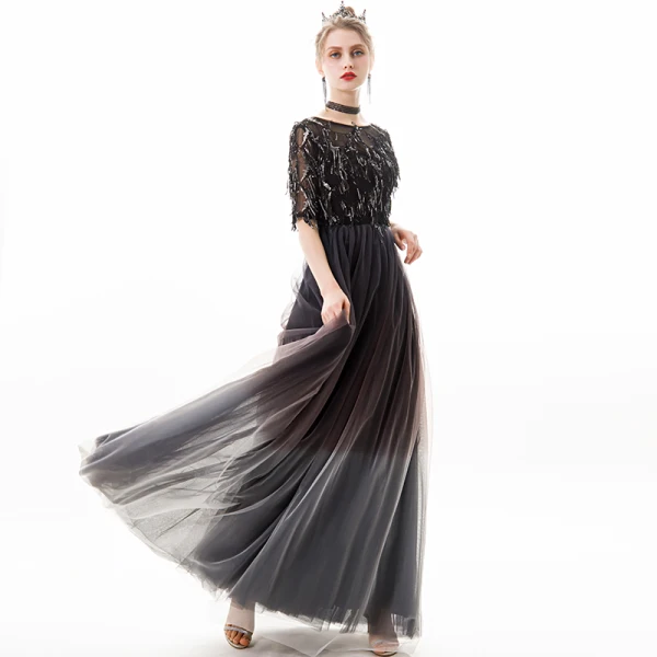 Chic / Belle Noire Argenté Robe De Soirée 2019 Princesse Encolure Dégagée Paillettes Gland 1/2 Manches Longue Robe De Ceremonie