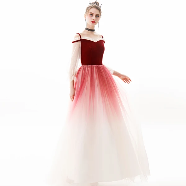 Modern / Fashion Burgundy Evening Dresses 2019 A-Line / Princess Square Neckline Suede 3/4 Sleeve Backless Floor-Length / Long Formal Dresses
