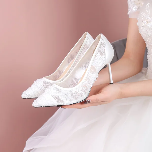 Schöne Ivory / Creme Brautschuhe 2019 Polyester Spitze Blumen 7 cm Stilettos Spitzschuh Hochzeit Pumps