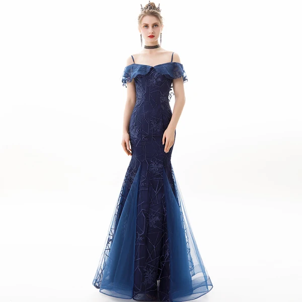 Charmant Bleu Marine Robe De Soirée 2019 Trompette / Sirène De l'épaule En Dentelle Fleur Manches Courtes Dos Nu Longue Robe De Ceremonie