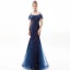 Charmant Bleu Marine Robe De Soirée 2019 Trompette / Sirène De l'épaule En Dentelle Fleur Manches Courtes Dos Nu Longue Robe De Ceremonie