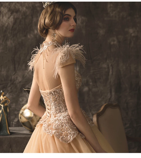 High-end Champagne Wedding Dresses 2019 A-Line / Princess High Neck Beading Sequins Lace Flower Short Sleeve Tassel Backless Cathedral Train