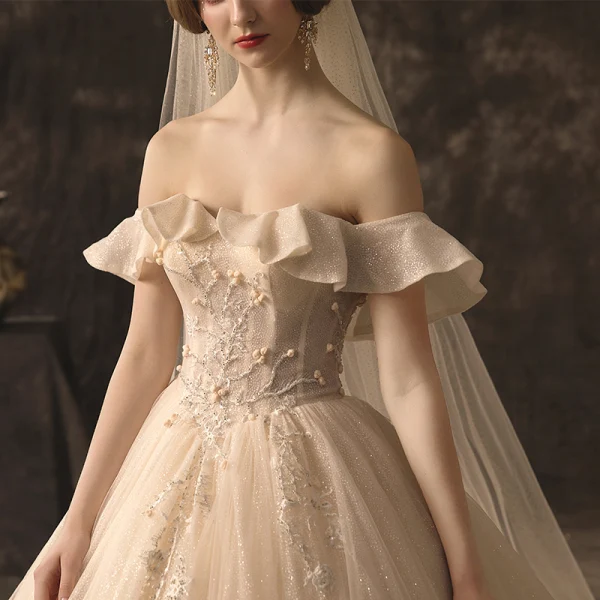 High-end Champagne Wedding Dresses 2019 A-Line / Princess Off-The-Shoulder Beading Sequins Lace Flower Sleeveless Backless Glitter Royal Train