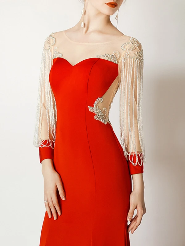 Luxury / Gorgeous Red Evening Dresses  2019 Trumpet / Mermaid Scoop Neck Lace Flower Long Sleeve Beading Tassel Sweep Train Formal Dresses