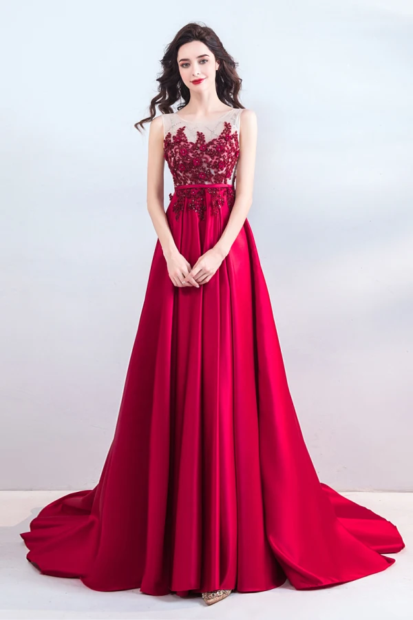 Chic / Beautiful Burgundy Evening Dresses 2019 A-Line / Princess Scoop Neck Beading Appliques Lace Flower Pearl Rhinestone Sequins Sleeveless Court Train Formal Dresses