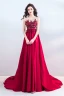 Chic / Beautiful Burgundy Evening Dresses  2019 A-Line / Princess Scoop Neck Beading Appliques Lace Flower Pearl Rhinestone Sequins Sleeveless Court Train Formal Dresses