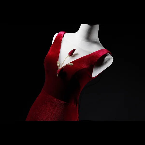 Classic Burgundy Evening Dresses 2019 Trumpet / Mermaid Suede Square Neckline Beading Sleeveless Backless Sweep Train Formal Dresses