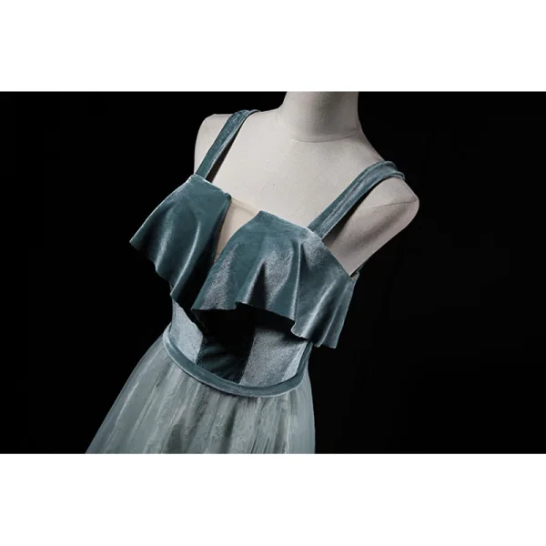Chic / Beautiful Jade Green Evening Dresses 2019 A-Line / Princess Spaghetti Straps Suede Sleeveless Backless Floor-Length / Long Formal Dresses