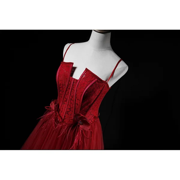 Chic / Belle Bordeaux Robe De Soirée 2019 Princesse Bretelles Spaghetti En Dentelle Fleur Paillettes Faux Diamant Sans Manches Dos Nu Longue Robe De Ceremonie