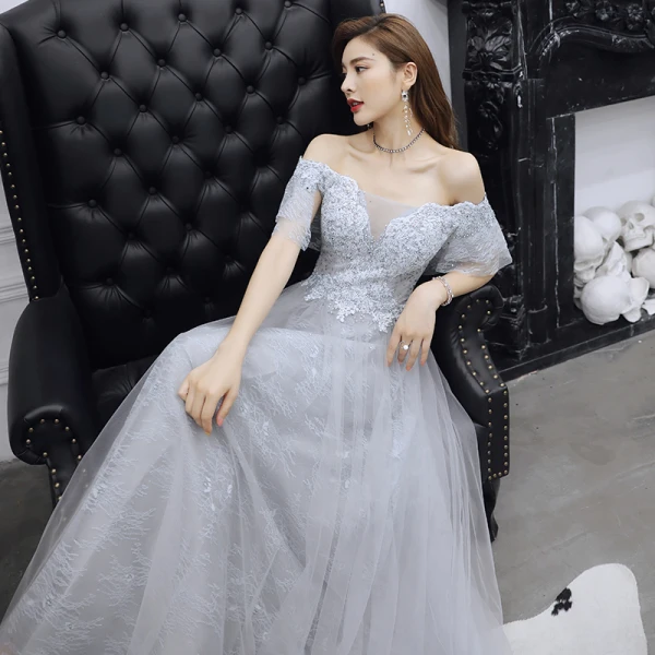 Charming Grey Evening Dresses 2019 A-Line / Princess Off-The-Shoulder Beading Pearl Rhinestone Lace Flower Short Sleeve Backless Floor-Length / Long Formal Dresses