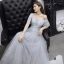 Charming Grey Evening Dresses  2019 A-Line / Princess Off-The-Shoulder Beading Pearl Rhinestone Lace Flower Short Sleeve Backless Floor-Length / Long Formal Dresses
