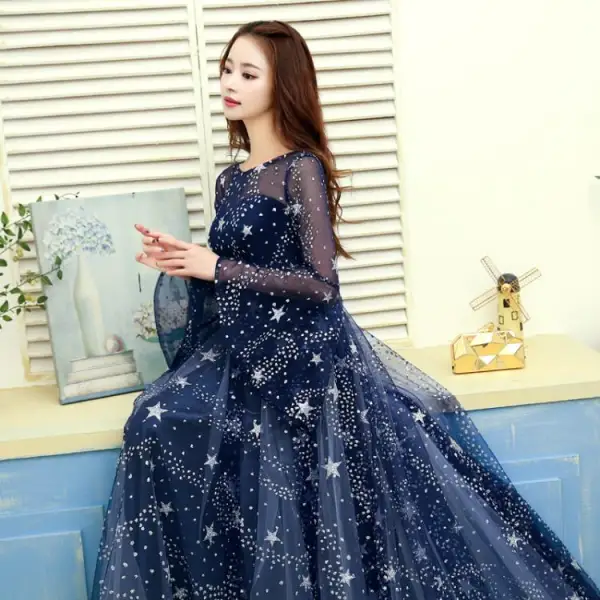 Modern / Fashion Navy Blue Evening Dresses 2019 A-Line / Princess Scoop Neck Star Sequins Bell sleeves Backless Court Train Formal Dresses