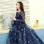 Modern / Fashion Navy Blue Evening Dresses  2019 A-Line / Princess Scoop Neck Star Sequins Bell sleeves Backless Court Train Formal Dresses