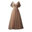 Chic / Belle Kaki de retour Robe De Graduation 2019 Princesse V-Cou Perlage Paillettes En Dentelle Fleur Manches Courtes Dos Nu Thé Longueur Robe De Ceremonie