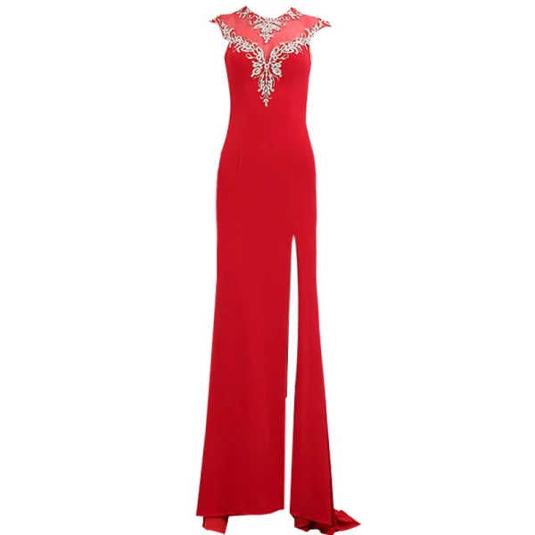 Classy Red Evening Dresses 2019 A-Line / Princess Scoop Neck Rhinestone Lace Flower Cap Sleeves Split Front Floor-Length / Long Formal Dresses
