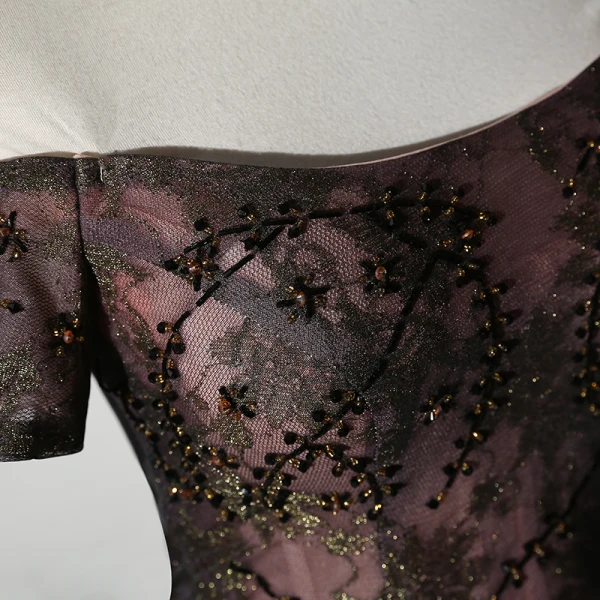 Chic / Belle Chocolat Robe De Soirée 2019 Princesse De l'épaule Perlage En Dentelle Paillettes Manches Courtes Dos Nu Longue Robe De Ceremonie