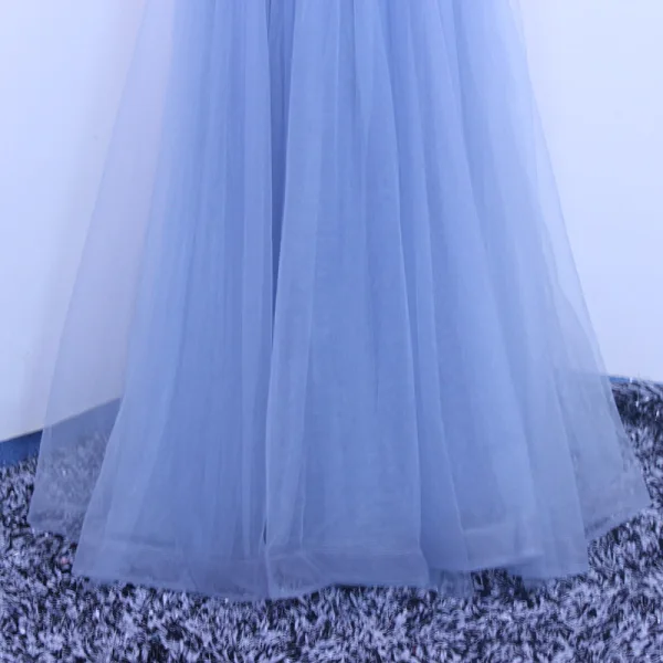 Chic / Belle Bleu Robe De Soirée 2019 Princesse V-Cou Perlage Paillettes En Dentelle Fleur 3/4 Manches Dos Nu Noeud Longue Robe De Ceremonie