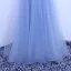 Chic / Belle Bleu Robe De Soirée 2019 Princesse V-Cou Perlage Paillettes En Dentelle Fleur 3/4 Manches Dos Nu Noeud Longue Robe De Ceremonie
