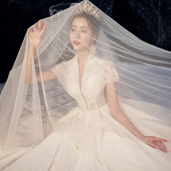 Fabulous Champagne Wedding Dresses 2019 A-Line / Princess High Neck Beading Sequins Lace Flower Short Sleeve Royal Train