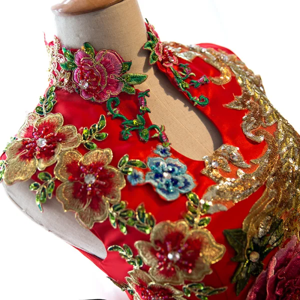 Chinese style Transparent Red Prom Dresses 2019 A-Line / Princess High Neck Beading Sequins Crystal Lace Appliques Sleeveless Floor-Length / Long Formal Dresses
