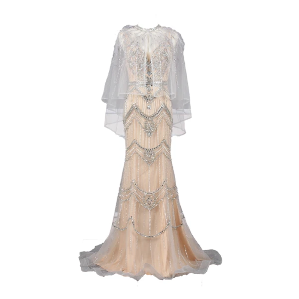 Haut de Gamme Champagne Détachable Avec Châle Robe De Soirée 2019 Trompette / Sirène V-Cou Fait main Perlage Cristal Faux Diamant Sans Manches Dos Nu Train De Balayage Robe De Ceremonie