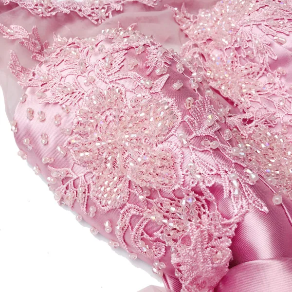 Chic / Belle Rose Bonbon Robe De Fete 2018 Robe Boule Perlage Cristal En Dentelle Appliques Ceinture Encolure Dégagée Sans Manches Dos Nu Courte Robe De Ceremonie