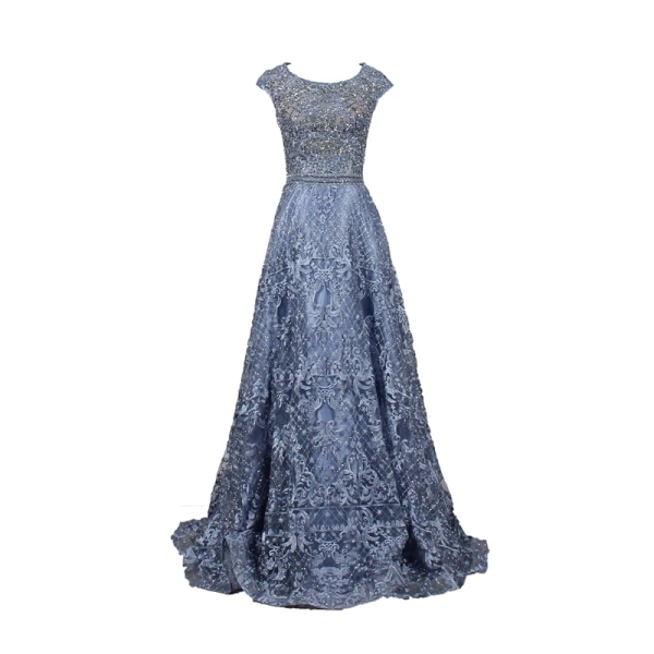 Haut de Gamme Océan Bleu Robe De Soirée 2019 Princesse Encolure Dégagée Fait main Perlage Cristal Faux Diamant En Dentelle Fleur Sans Manches Longue Robe De Ceremonie