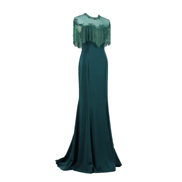Vintage / Retro Dark Green Prom Dresses 2019 Trumpet / Mermaid Scoop Neck Handmade  Beading Tassel Sequins Short Sleeve Backless Sweep Train Formal Dresses