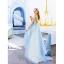 Modern / Fashion Sky Blue Evening Dresses  2019 A-Line / Princess V-Neck Beading Pearl Rhinestone Lace Flower Sleeveless Backless Sweep Train Formal Dresses