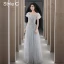 Modest / Simple Grey Bridesmaid Dresses 2021 A-Line / Princess Scoop Neck Beading Pearl Lace Flower Short Sleeve Backless Floor-Length / Long Wedding Party Dresses
