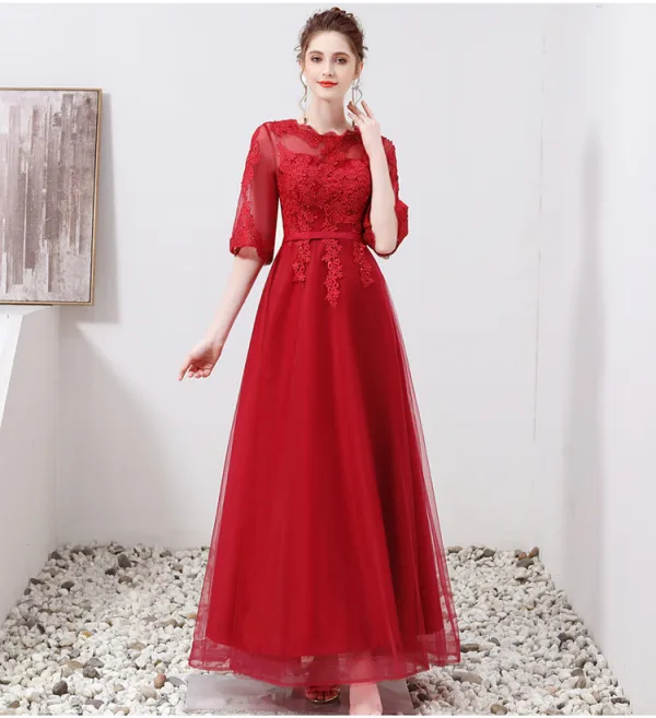 Chic / Beautiful Burgundy Evening Dresses 2019 A-Line / Princess Scoop Neck Appliques Lace Sash 1/2 Sleeves Floor-Length / Long Formal Dresses