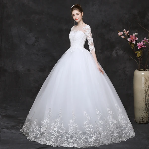 Classy White Pregnant Wedding Dresses 2019 Ball Gown Scoop Neck Appliques Lace 1/2 Sleeves Backless Floor-Length / Long