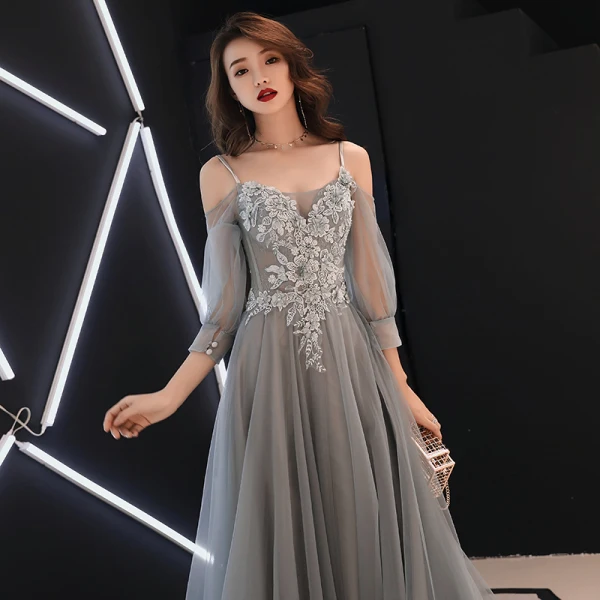 Elegant Grey Evening Dresses 2019 A-Line / Princess Spaghetti Straps Bow Lace Flower Appliques 3/4 Sleeve Backless Floor-Length / Long Formal Dresses