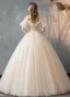 Élégant Champagne Robe De Mariée 2019 Princesse Bretelles Spaghetti Perlage Paillettes Volants Manches Courtes Dos Nu Longue