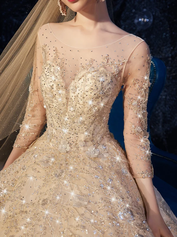 High-end Champagne Wedding Dresses 2019 A-Line / Princess Scoop Neck Beading Appliques Lace Flower Rhinestone 3/4 Sleeve Backless Glitter Royal Train