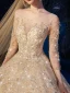 High-end Champagne Wedding Dresses 2019 A-Line / Princess Scoop Neck Beading Appliques Lace Flower Rhinestone 3/4 Sleeve Backless Glitter Royal Train