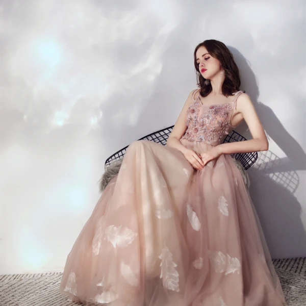 Elegant A-Line Sleeveless Dress With Intricate Pearl And Crystal Embellishments - Pink main image 1