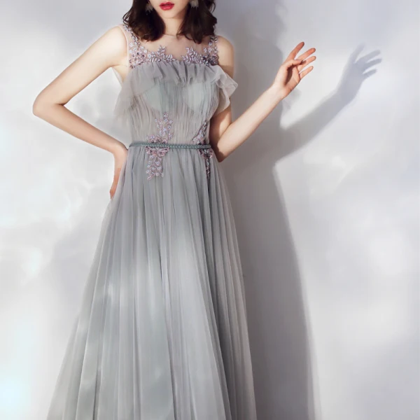 Chic / Beautiful Grey Ruffle Evening Dresses 2019 A-Line / Princess Scoop Neck Beading Lace Flower Sleeveless Backless Sash Floor-Length / Long Formal Dresses