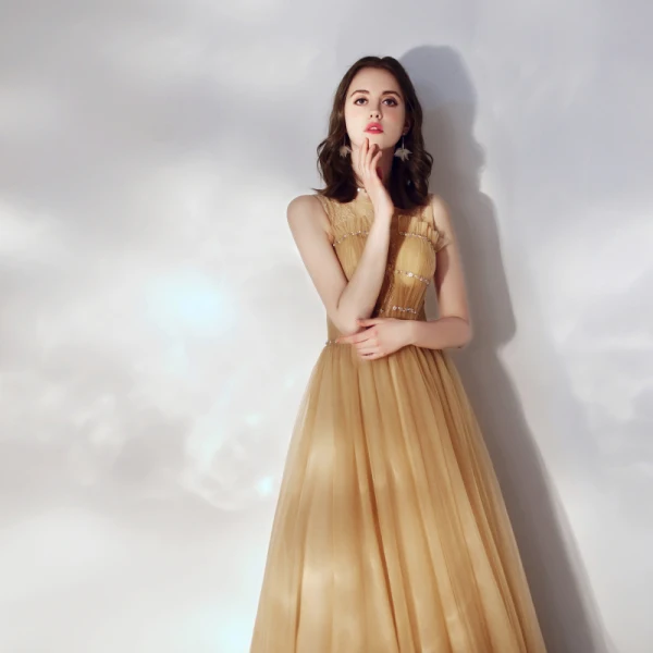 Chic / Beautiful Gold Ruffle Evening Dresses 2019 A-Line / Princess Scoop Neck Beading Lace Flower Sleeveless Floor-Length / Long Formal Dresses