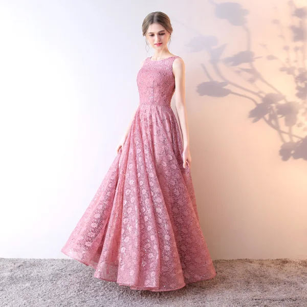 Chic / Belle Perle Rose Robe De Soirée 2019 Princesse Encolure Dégagée Paillettes En Dentelle Fleur Sans Manches Longue Robe De Ceremonie