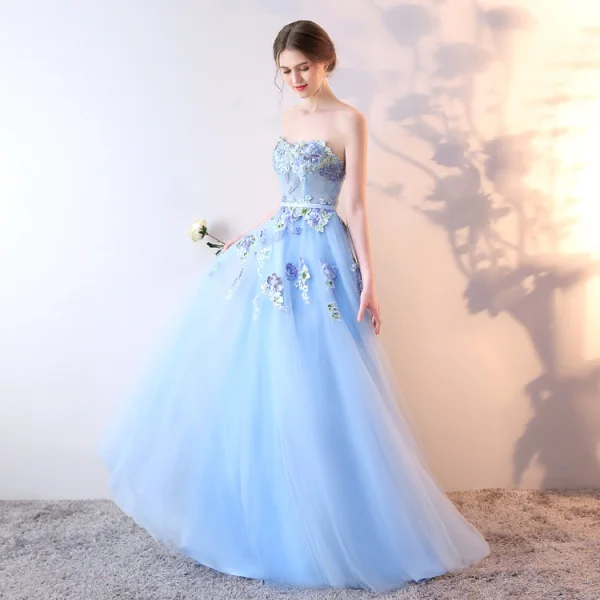Chic / Belle Bleu Ciel Robe De Soirée 2019 Princesse Bustier Perlage Perle Paillettes Appliques En Dentelle Fleur Sans Manches Dos Nu Longue Robe De Ceremonie