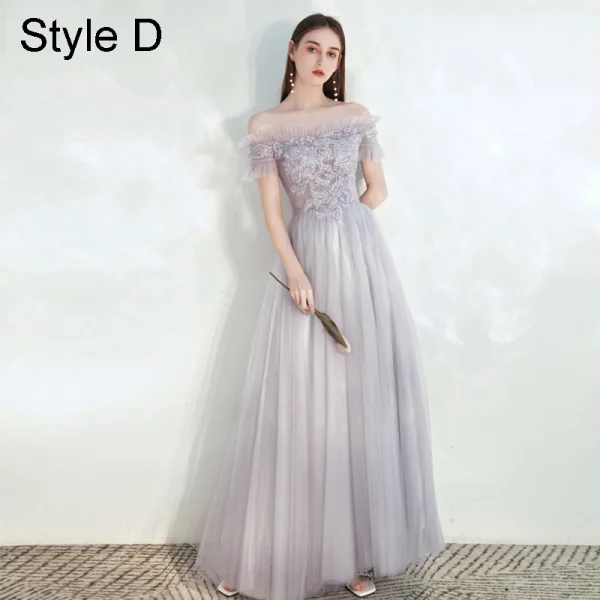 Modest / Simple Grey Bridesmaid Dresses 2021 A-Line / Princess Square Neckline Beading Lace Flower Short Sleeve Backless Floor-Length / Long Wedding Party Dresses
