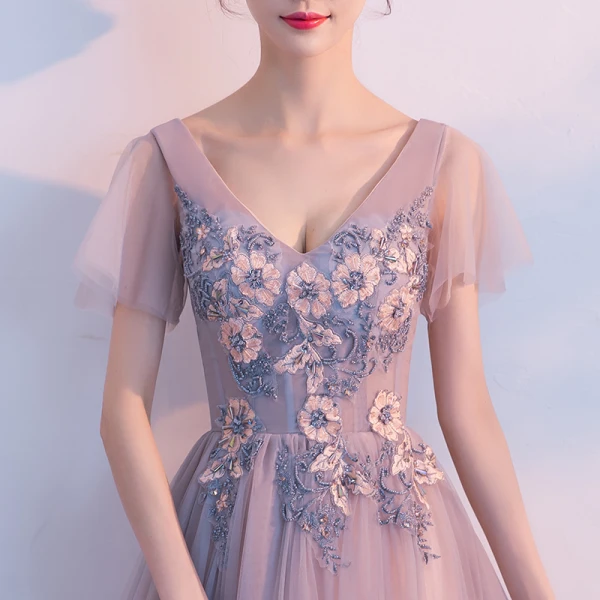 Chic / Beautiful Pearl Pink Prom Dresses 2018 A-Line / Princess Beading Crystal Lace Appliques V-Neck Backless Short Sleeve Floor-Length / Long Formal Dresses