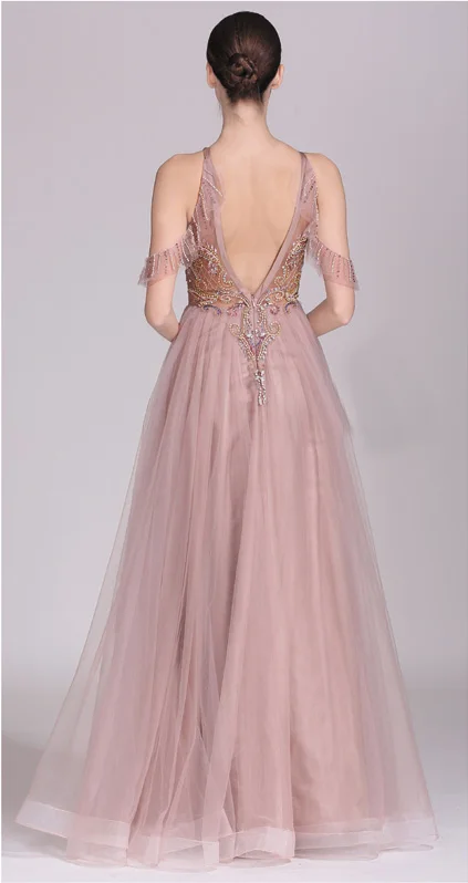 Chic / Beautiful Pearl Pink Evening Dresses 2019 A-Line / Princess Scoop Neck Beading Rhinestone Crystal Pearl Sleeveless Backless Floor-Length / Long Formal Dresses